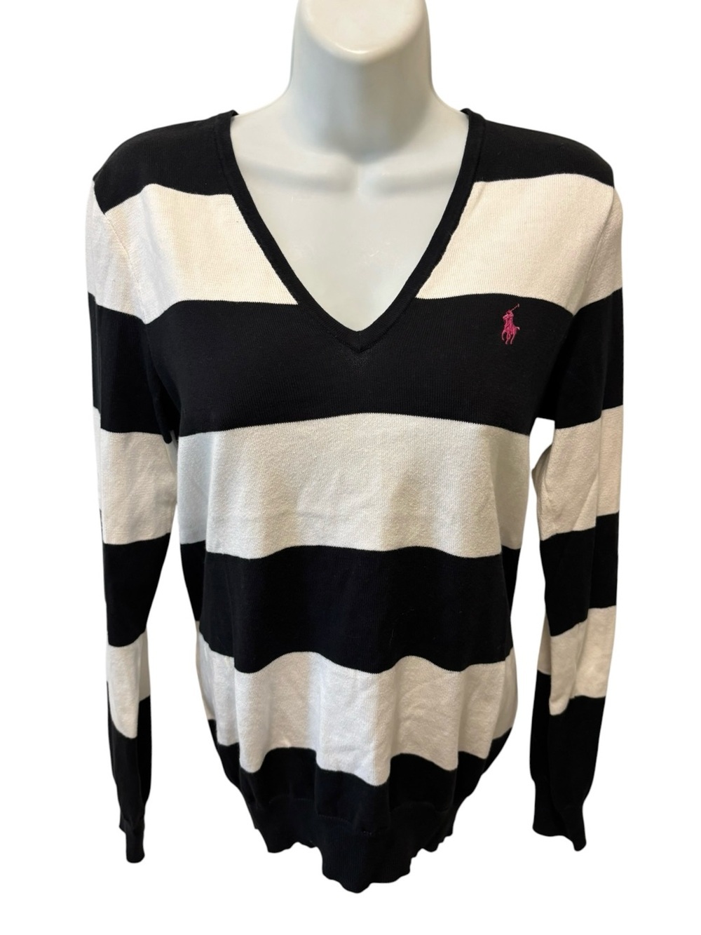 VTG 90’s Y2K Ralph Lauren Sport Rugby Stripe Pima Cotton V Neck Sweater M Black